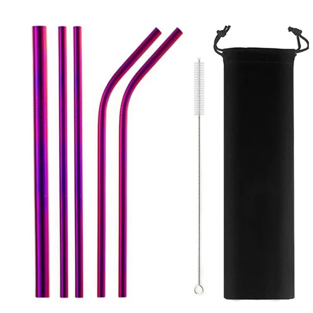 Set of re-usable stainless steel straws with case 7Pcs Purple A
