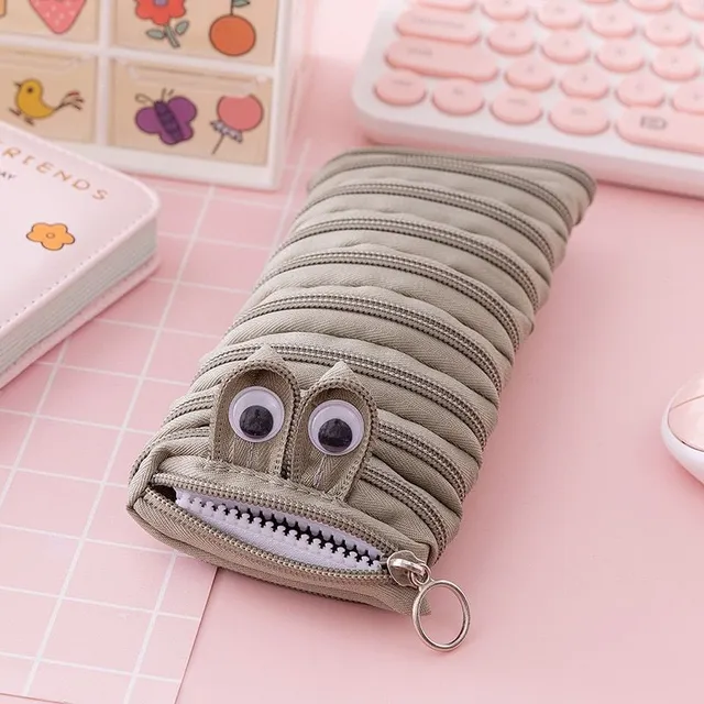 Original modern one-colour funny school pencil case in the shape of a cute worm with moving eyes