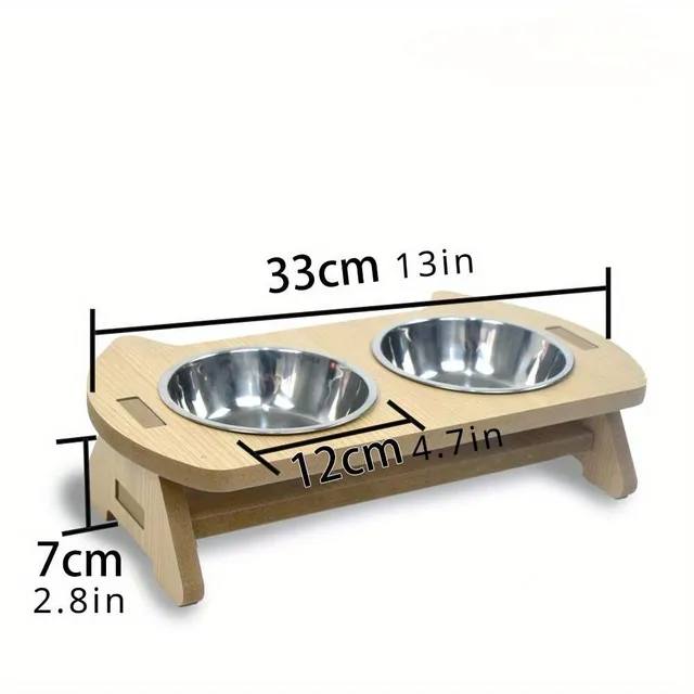 An elevated wooden feed set for cats with stainless steel bowls - anti-slip, neck protection