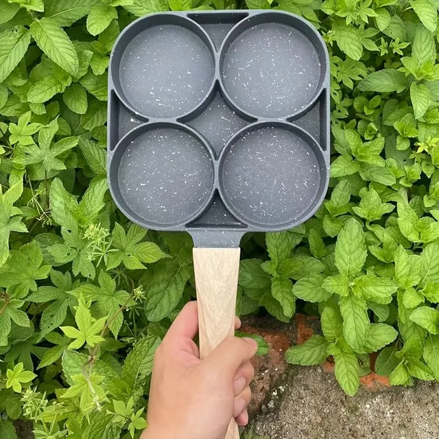 Non-stick pan for pancakes and fried eggs with 4 holes and wooden handles