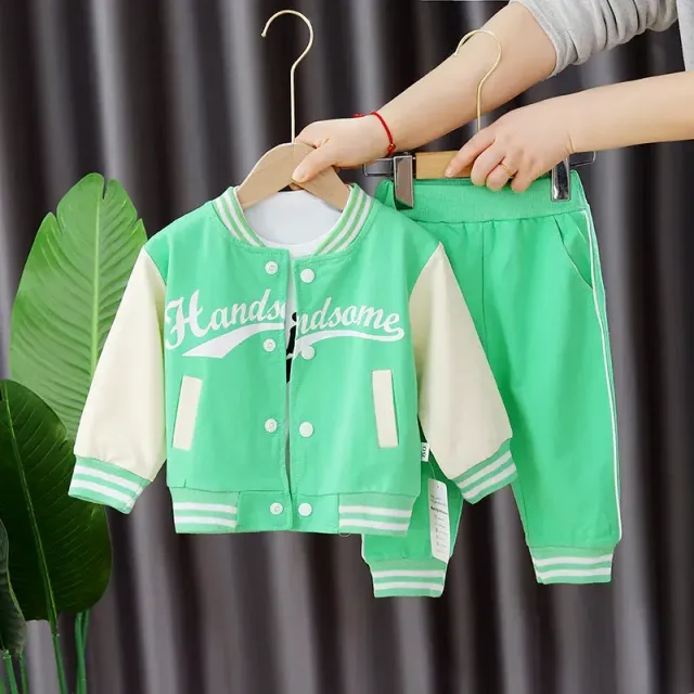 3-part boys baseball set with long sleeve and letter printing, informal set with round neckline and slightly stretch cotton