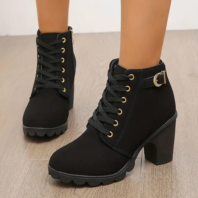 Damen Ankle Boots mit robustem Absatz, Schnalle und seitlichem Reißverschluss (hohe Absätze)