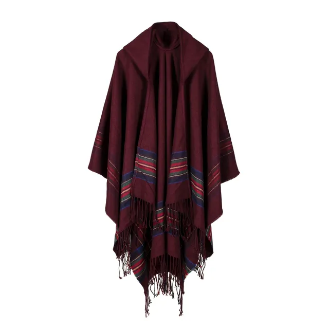 Scottish striped oversized scarf with hood and fat tassel