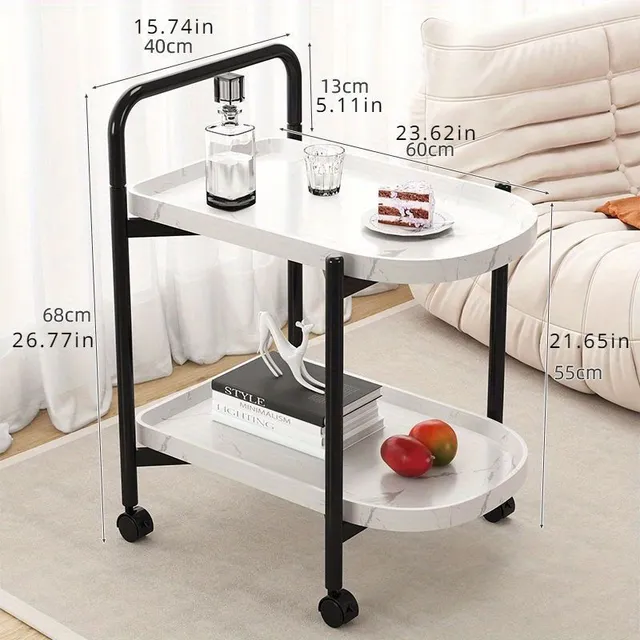 Double table, night table, coffee table for small space, mobile storage shelf with wheels, home storage organizer