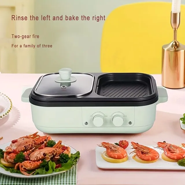 2v1 electric grill and fondue pot, small 1300W for 1-3 persons, non-stick pan - EU plug