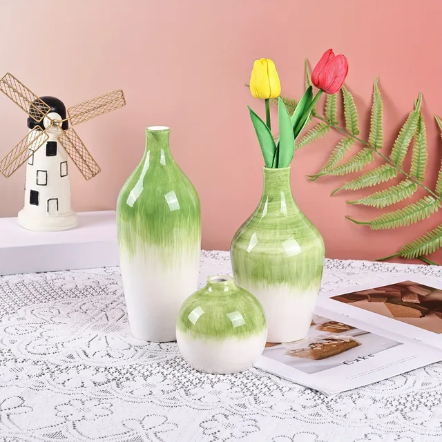 Set de 3 vase de flori ceramice cu glazură de tranziție - Potrivit pentru cină de nuntă, petrecere pe masă, cameră de zi, birou, dormitor, amenajare estetică a camerei, decorațiuni interioare, decorațiuni de primăvară, cadou decorativ pentru Anul Nou