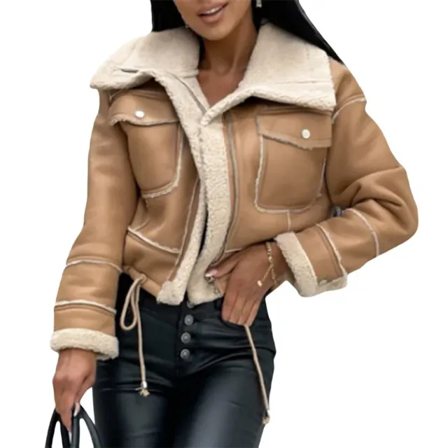 Women's warm jacket with leather patch - short cut, luxury outerwear