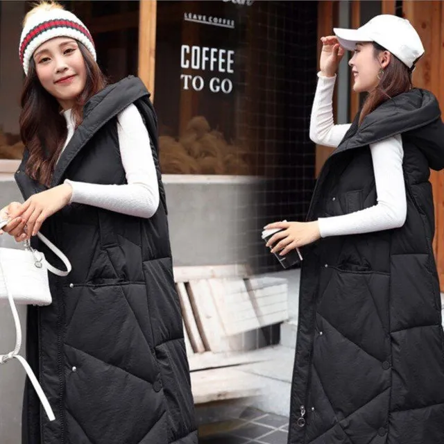 Women's long modern quilted vest with hood