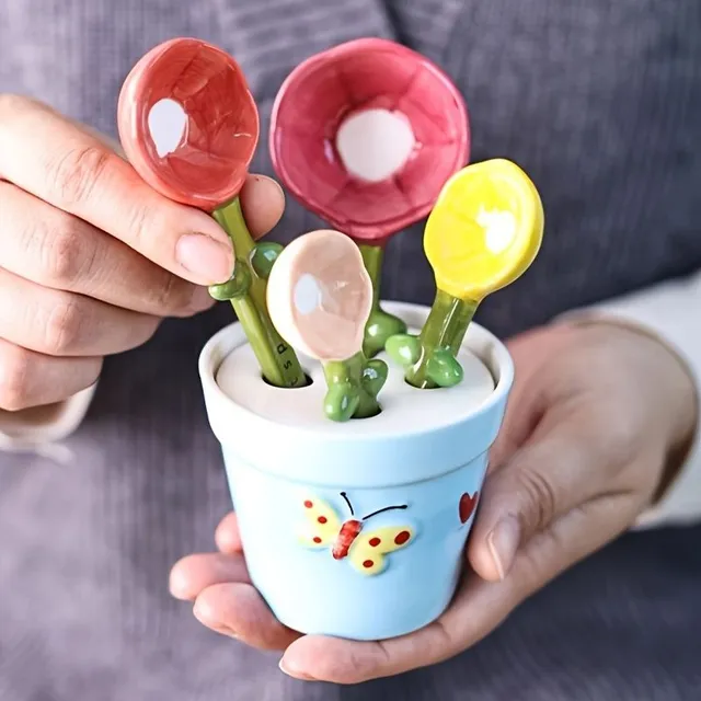 Cute set of ceramic measuring cups with motif butterfly and flower - ideal for baking, desserts & spices