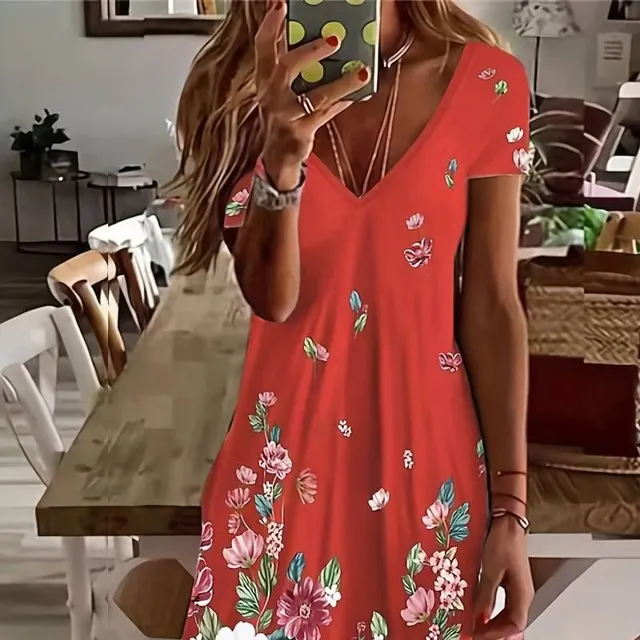 Short sleeve dress with floral print, v-neck, casual dress for spring and summer, women's clothing