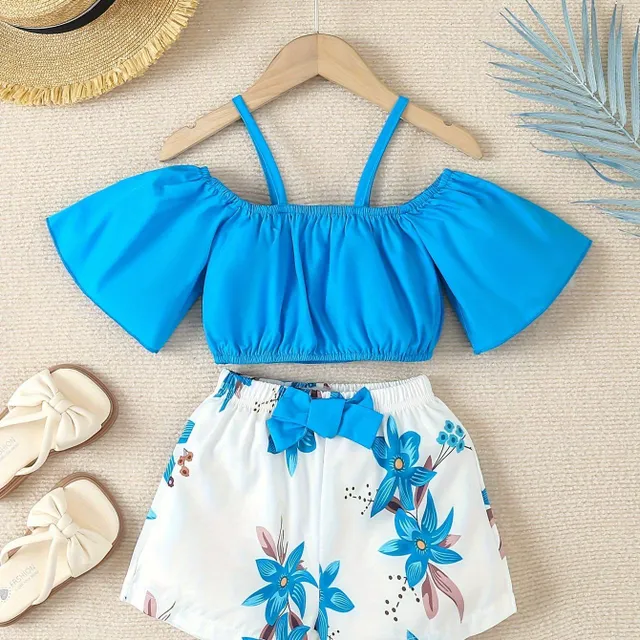 Summer set for girls with exposed shoulders and flower shorts (2 parts)