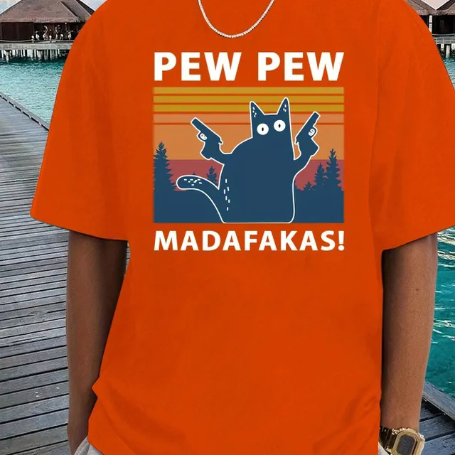 PEW PEW! Male T-shirt with cat and fallen shoulders