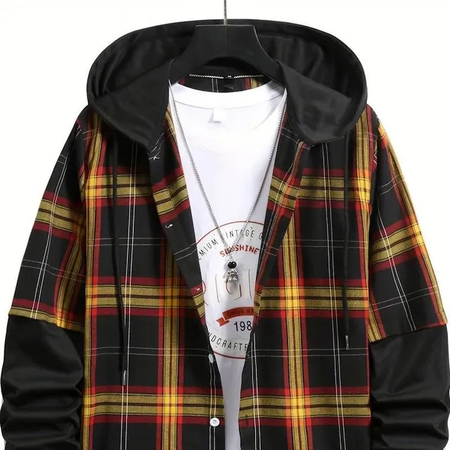 Men's plaid hoodie - black and red, autumn/winter