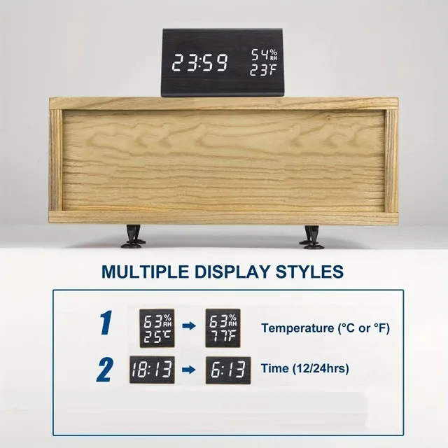 Digitaler Holzwecker in dreieckiger Form mit LED-Display und Sprachsteuerung - multifunktional mit Anzeige von Uhrzeit, Temperatur und Luftfeuchtigkeit