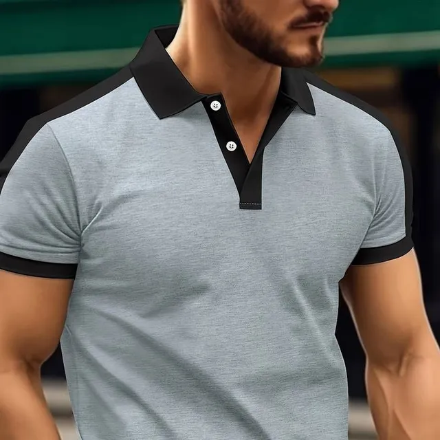 Breathable men's golf polo shirt in regular cut with colored blocks, men's shirt with short sleeve and neckline to V for summer