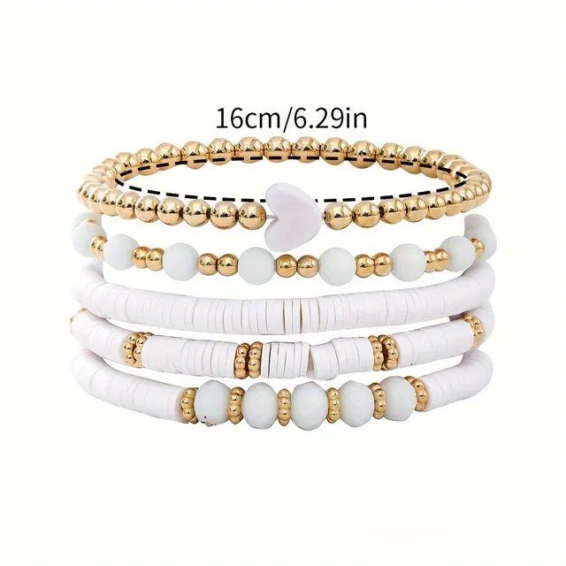 Set di 5 braccialetti elastici con perline e cuore in stile boho per donne