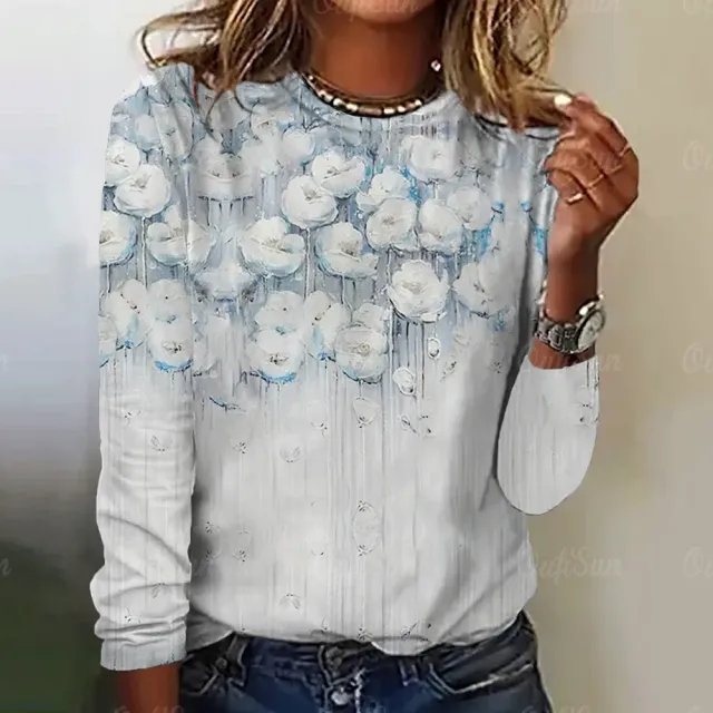 Women's long sleeve t-shirt with three-dimensional flower print - More variations