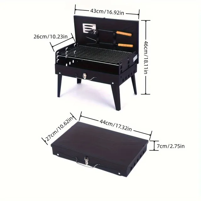 Unit, Portable Folding Grill On Wooden Coal With Tools On Barbecue