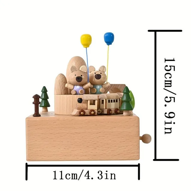 Wooden music box with rotating bears and train