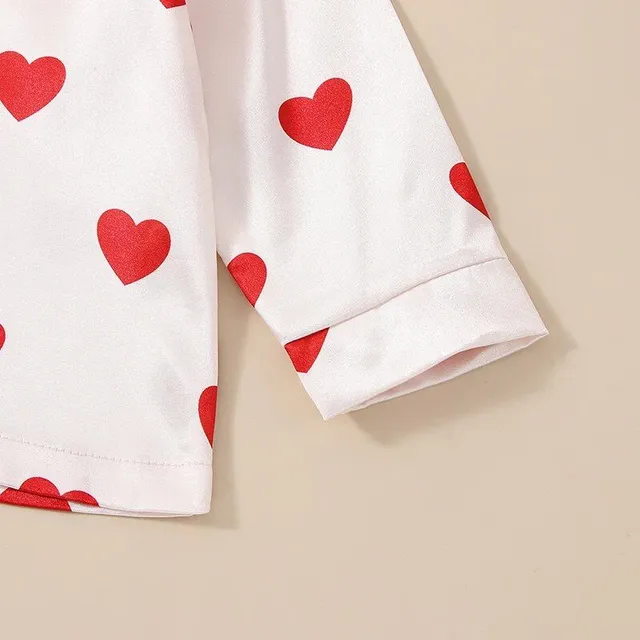 Children's Pajama Set with Heart Printing - Long Sleeve, Button Clamping, Top and Pants - Children's Homewear, Nightwear