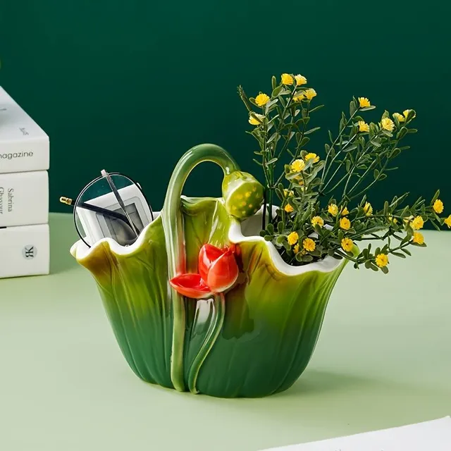 Ceramic kettle vase in the shape of a lotus leaf with hand painted, waterproof, with the function of flower holder and cutlery