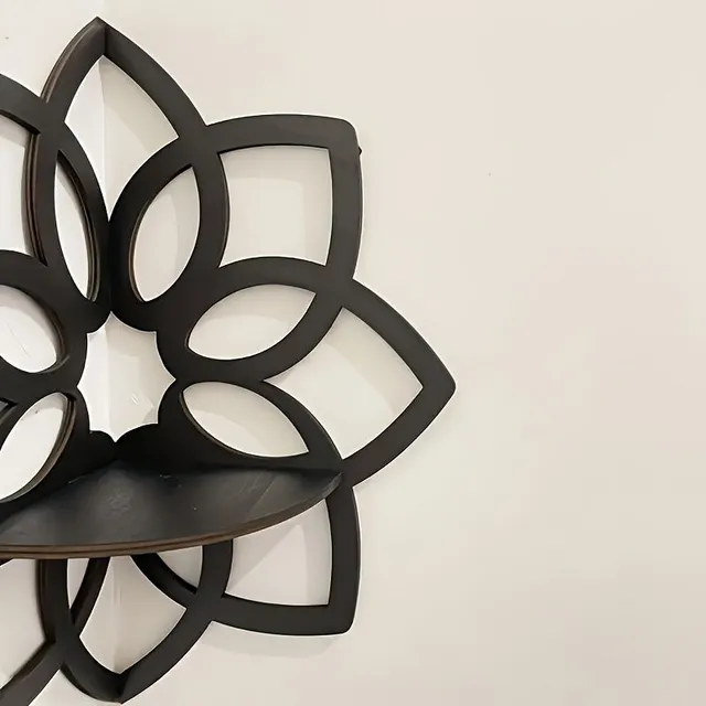 Black mandala floral wooden wall shelf - carved corner display for crystals & stones