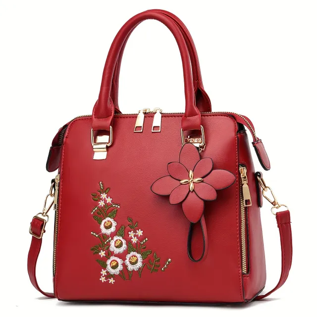 Geantă de damă - Tip crossbody, cu model floral brodat, breloc (2 în 1)