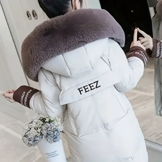 Girls Trendy Fluffy Collar Hooded Long Cotton Padded Jacket, Medium Length Kids Winter Clothing