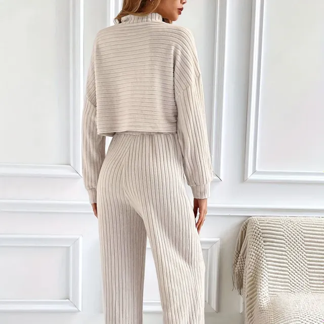 Knitted two-piece set: long sleeve crop top and trousers with elastic waist - women's clothing