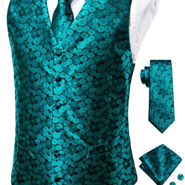 Male vintage sleeveless vest with elegant cut and floral pattern, formal set - vest, tie, cuff links and handkerchiefs