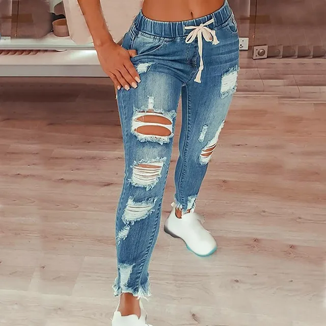 Women's ripped jeans with drawstring blue s