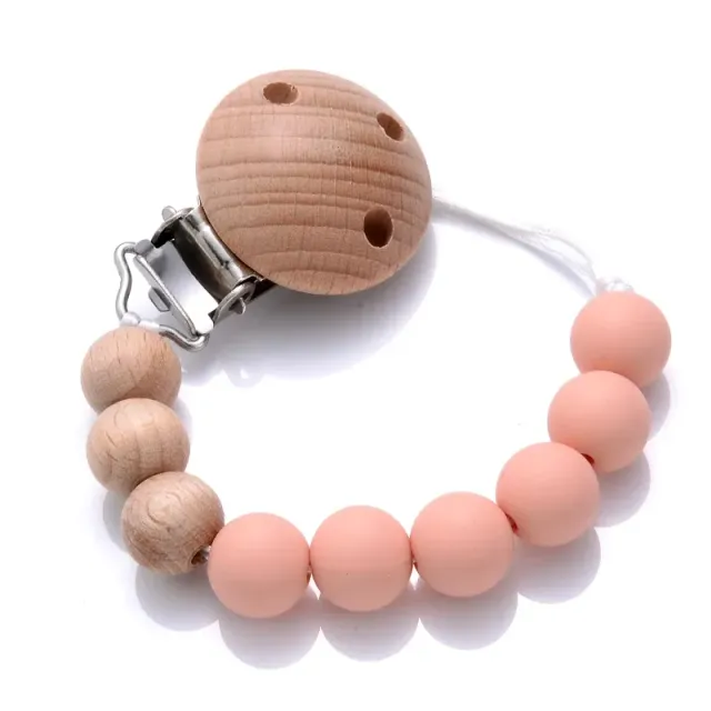 Wooden pacifier clip with silicone bite and round beads