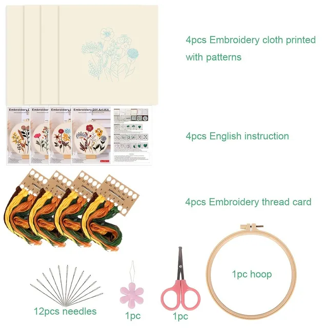 Embroidery set for beginners with 4 floral patterns, hoops, threads and needles