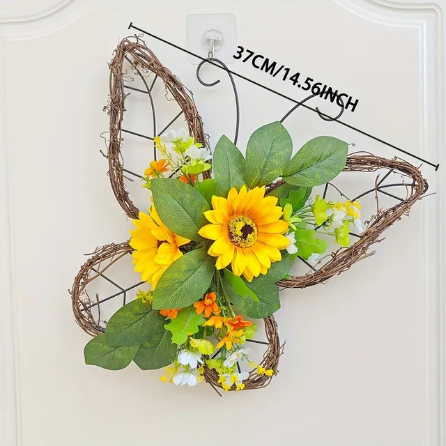 Spring wreath with butterflies and sunflowers on the door