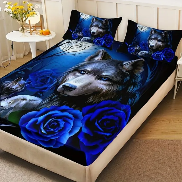 Štýlové modroružové plachty s vlčími motívmi, mäkké, priedušné posteľné plachty na matraci, pre spálňu a hosťovskú izbu