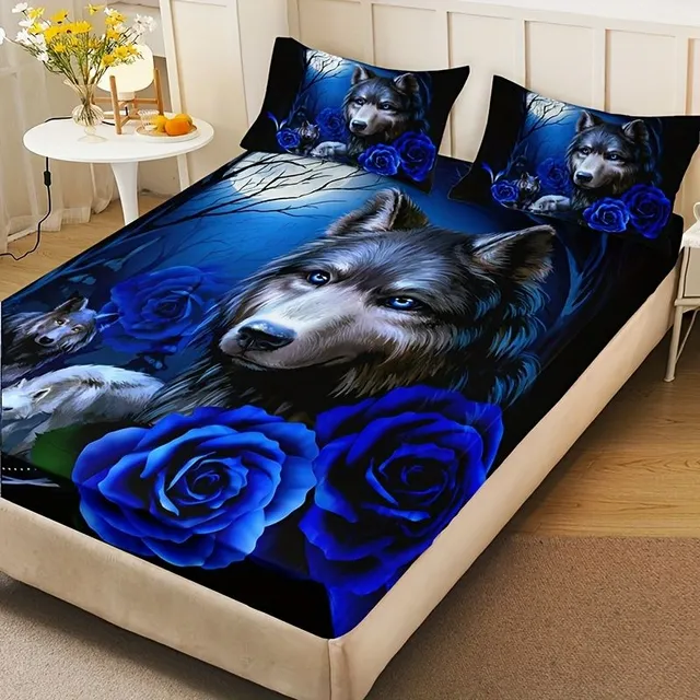 Stylish blue-pink sheets with wolf motifs, soft, breathable bed sheets on the mattress, for bedroom and guest room