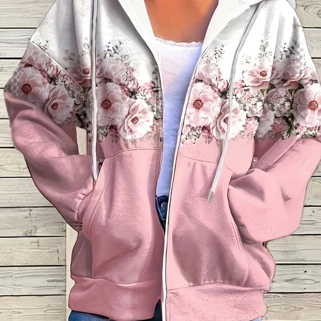 Women's sweatshirt with flower pattern for zipper and string - lazy sweatshirt with long sleeves and slippery pockets