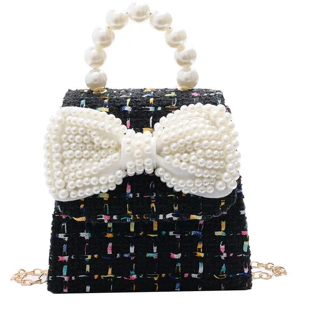 Girl original modern crochet bag over shoulder with pearl handles Bowers