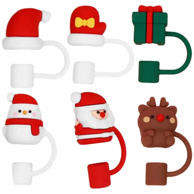 6 pcs of protective re-usable straw covers with silicone lids and a Christmas motif