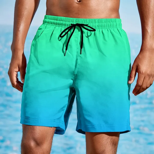 Pánské volné plážové šortky pro aktivní nošení, rychloschnoucí s tkaničkou a ombre efektem, lehké šortky pro letní dovolenou na pláži a surfování