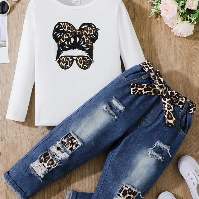 3-piece set for girls - Long Sleeve with printing + Torn jeans with belt