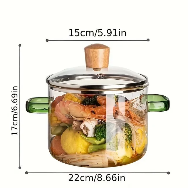 Oală din sticlă de borosilicat foarte rezistentă, 1,5 l, potrivită pentru foc deschis