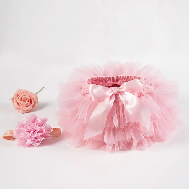 Fustă stilată din tulle pentru fetițe cu fundiță de satin în set cu bandă pentru păr - mai multe variante de culori Losif