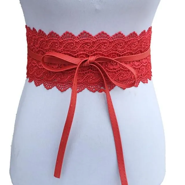 Ladies lace belt with bow red