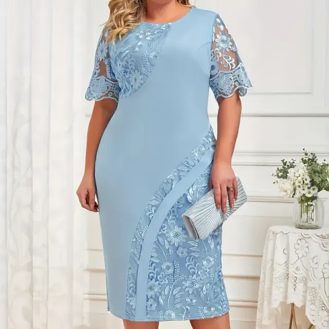 Elegant wedding dress for full-slim: Slim Fit with short sleeve, contrast lace, round neckline