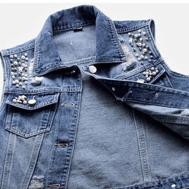 Women's denim vest with beads and slit