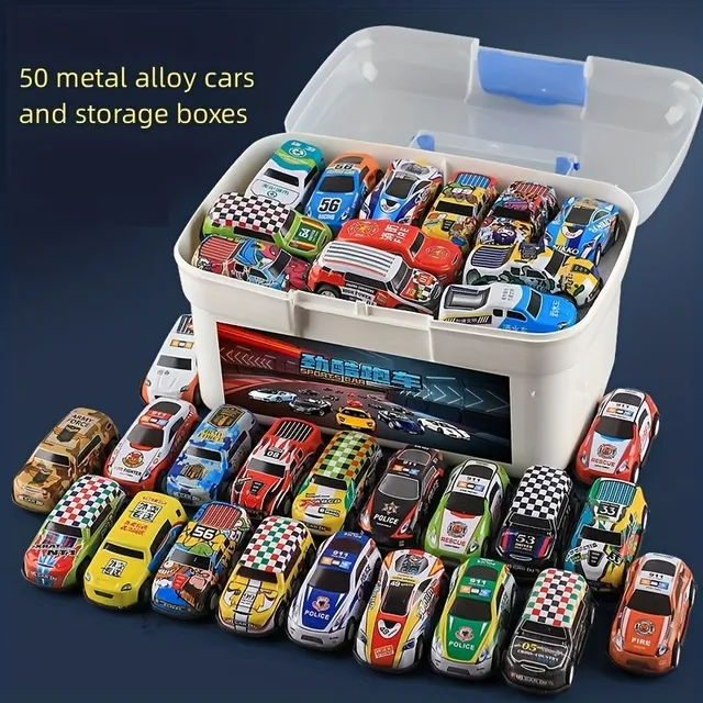 50pcs cars with plastic storage box, mini metal cars for kids