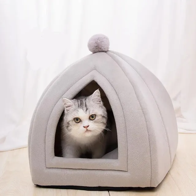 Roztomilý pelíšek pro kočky s plyšovým vnitřkem v trendy šedé barvě - více variant
