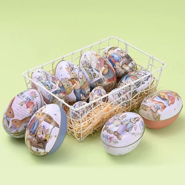 Practical egg-shaped candy tins with Easter motif