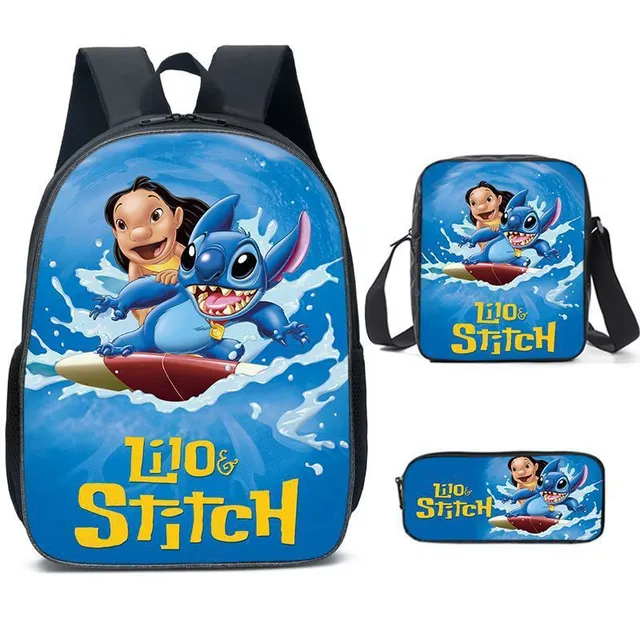 Set pentru copii cu 3 piese școlare cu motivele personajelor animate preferate Lilo și Stitch Rucsac / Geantă peste umăr / Penar